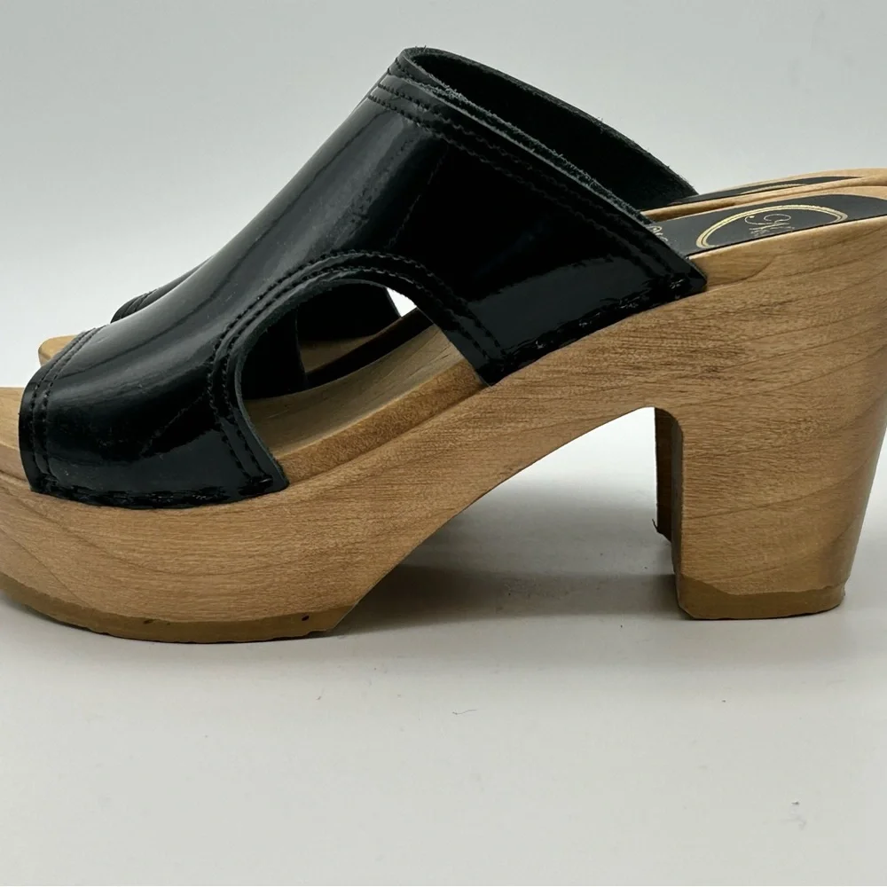 No. 6 Black Patent Leather Platform Clogs with Wood Sole - Picture 6 of 11